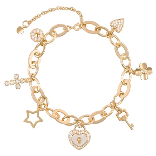 Cute Gold Charm Link Bracelet for Women Sunflower Butterfly Daisy Flower Pearl Insect Flower Clover Lock Key Heart Charm Bracelet CZ Snowman Snowflake Pendant Spring Summer Christmas Jewelry Gifts