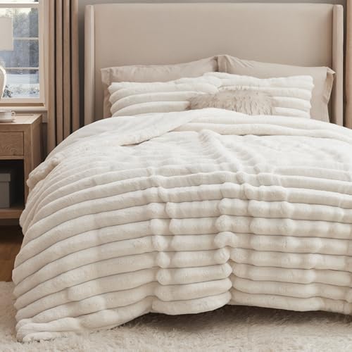 Image of Bedsure Faux Fur Queen Comforter Set - Coconut White Fluffy Comforter Queen Size, Soft and Cozy Shaggy Bedding Comforter Sets, Winter Warm Luxury Fuzzy Bed Set, 1 Comforter and 2 Pillowcases