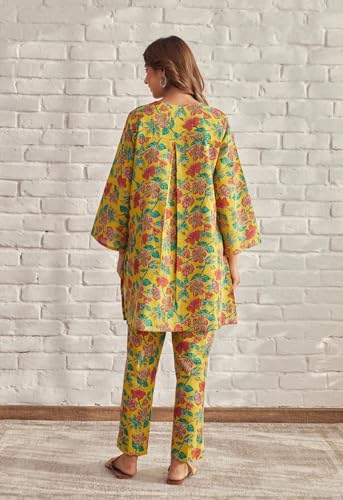 Nainvish Women's Mustard Floral Printed A-Line Cotton Blend V-Neck Co-Ord Set (Sd666_Kb-S)