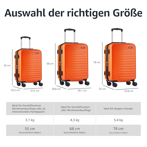 Amazon Basics Erweiterbarer Hartschalenkoffer – ABS-Reisegepäck mit 4 Spinner-Doppelrollen – Kratzfeste und leichte Konstruktion – 52,6cm x 32,0cm x 78,0cm – Gebranntes Orange