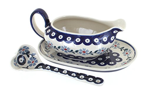 Blue Rose Polish Pottery Blue Violet Gravy Boat & Ladle