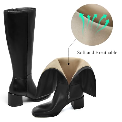 Women's Knee High Boots - Office & Date Night Leather Boots | Weatherproof Round Toe Boots, Block Heel Comfort Boots, Easy Side Zipper Boots for Fall Winter3