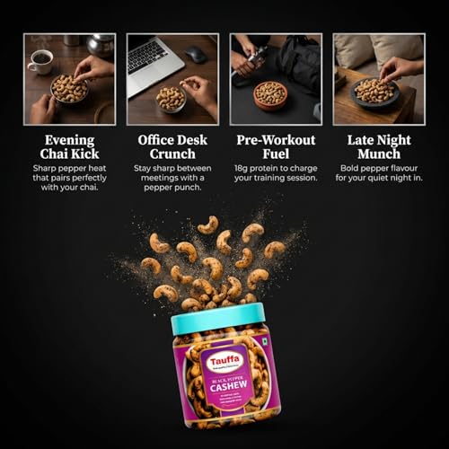 Image of Tauffa Black Pepper Cashews 250g | Roasted Whole Kaju with Kali Mirch | Crunchy Jumbo Kaaju Nuts | No Added Oil | Healthy Snack