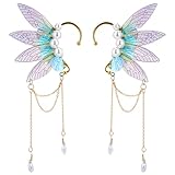 FRESHME Butterfly Elf Ear Cuffs, Dreamy Pearl Wings Fairy Earrings with Gold Tassel Teardrop Non Piercing Metal Elven Ear Cuffs Clips for Women Christmas Renaissance Cosplay Prom Costume Accessories