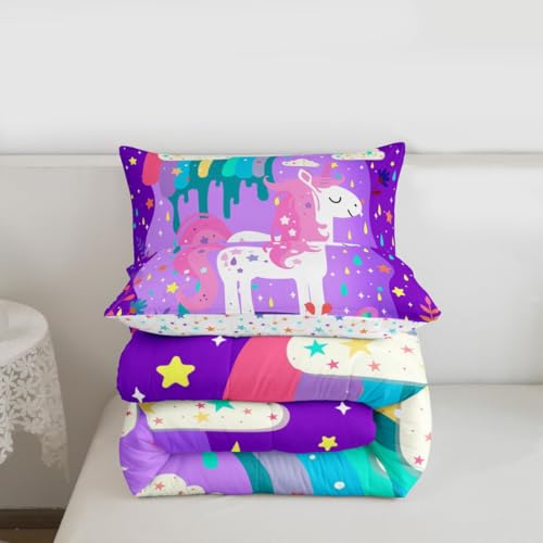 Image of Feelyou Cute Rainbow Unicorn Comforter Twin Size, Girls Cute Unicorn Comforter for Kids Toddler Rainbow Star Galaxy Stars Fantasy Bedding Set Purple Dreamy Horse Printed Duvet Set Microfiber Bed Set