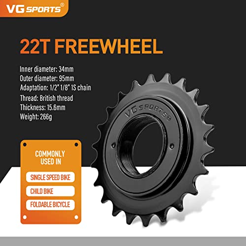 VG SPORTS Single Speed Bike Freewheel, 22T Compatible with 1/2\' x 1/8\' Bicycle One-Speed Freewheel Threaded Type Freehub Replacement Parts (Black)