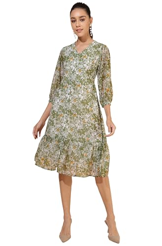 Image of Janasya Women's Olive Georgette Floral Printed A-Line Dress