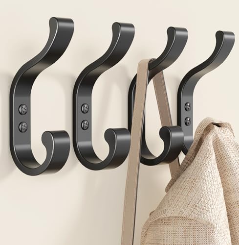 Large Wall Hooks for Hanging Coats - Black Heavy Duty Coat Hooks Wall Mounted, Screw-in Hooks for Towels, Clothes, Backpacks, Bags, Robes, Hats, Keys - Closet and Bathroom Hook Hangers
