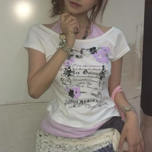 Emo Grunge Shirt Women Tees Graphic Baby Y2k Crop Tops Alt Clothes Fake Two Piece Short Sleeve Vintage T Shirts4