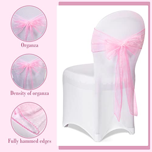 Oudain 12 Pcs White Folding Chair Covers And 12 Pcs Chair Bows Chair Sashes, Stretch Washable Fitted Chair Slipcovers Chair Tie Back For Wedding Holiday Decoration Banquet Party (Light Pink) #TOP4