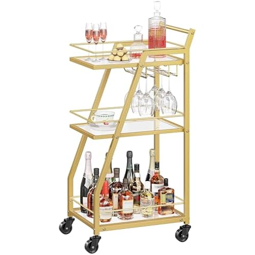 YATINEY Bar Cart, 3-Tier Home Bar Serving Cart with Wheels, Drink Cart with Glass Holder, Beverage Cart, Rolling Kitchen Cart, for Home, Living Room, Transparent and Gold BC03GD