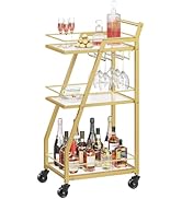 YATINEY Bar Cart for The Home, 3-Tier Serving Cart with Wheels, Drink Cart with Glass Holder, Rol...