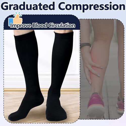 Image of +MD Cotton Compression Socks for Women & Men 4 /6 Pairs 15-20mmHg Knee High for Sports, Travel, Nursing Long Sitting Standing