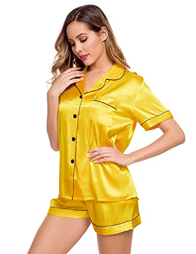 Image of LecGee Womens Silk Satin Pajamas Short Sleeve Loungewear Two-Piece Sleepwear Button-Down Pj Set