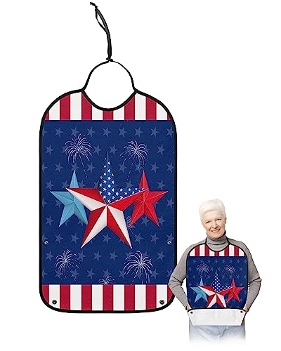 Kewadony Adult Bibs for Elderly Women - 4th of July Waterproof Dining Clothing Protectors with Crumb Catcher for Eating/Feeding, Independence Day American Flag Red White Terry Cloth Bib Washable