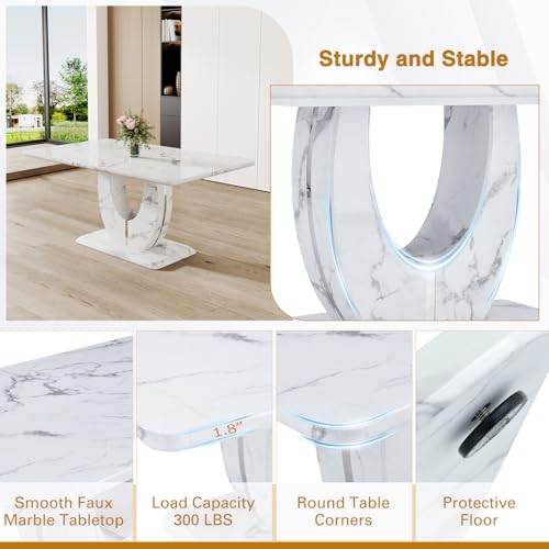 JUFU 63-Inch Faux Marble Dining Table Set for 6, Beige Chairs, Silver Legs - Image 3