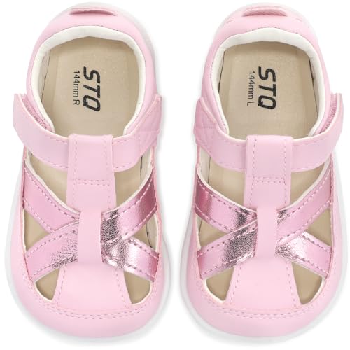 STQ Girls Mary Jane Sandals Vegen Leather Toddler Barefoot Summer Dress Shoes for Birthday Party Closed Toe Cute Little Girl Flats with with Hook & Loop Water Pink Toddler Size 5