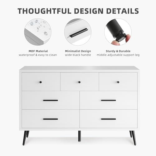 DWVO 7-Drawer Dresser in White Wood with Black Metal Handles, Anti-Tip Safety Feature, Modern Storage Cabinet for Living Room, Hallway, or Entryway