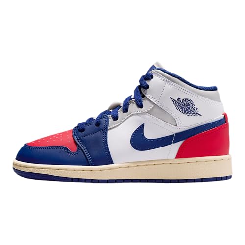 Air Jordan 1 Mid Big Kids' Shoes (White/University Red/Neutral Grey/Deep Royal Blue)