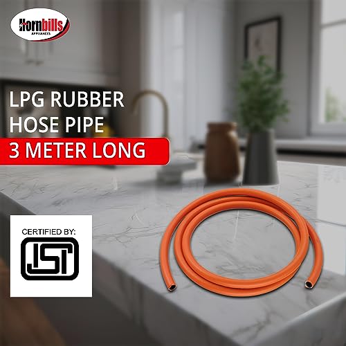 Image of Hornbills Gas Pipe 3 Meter With ISI Certified LPG Cylinder Hose Pipe Flame Resistant Fine Quality Leak Proof Rat bite proof Crackproof Made with Reinforced Steel Wire With Clip