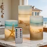 Velsyn Beach Flameless LED Candles with Remote and Timer, Seashell & Starfish Pillar Unscented Real Wax, Ocean Decor for Home Bedroom Wedding Coastal Room, 3' x 4',5',6', Set of 3(Beach)