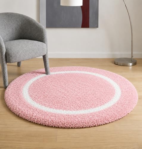 Image of Shaggy Polyester Microfiber Round Rug Carpet for Living Room | Ultra Soft Fluffy Plush Area Rug | Anti-Skid Non-Slip Backing | Washable Carpet for Bedroom- (2x2 feet, Ring Pink, Round)