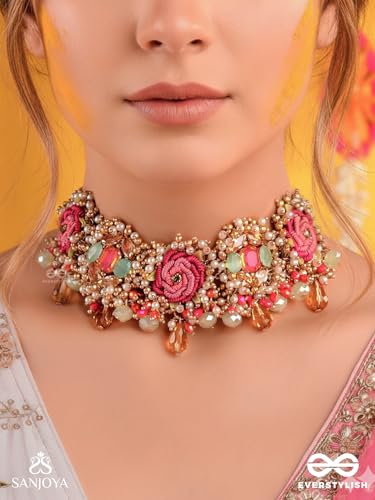 Image of SANJOYA BY EVERSTYLISH Gulratna Jewel Of Roses Handcrafted Rose Choker With Beaded Fringes, Pearls And Gem Details Lightweight Jewelry For Women | Party, Festive, Wedding & Gifting