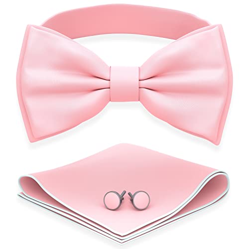 Adam Young Mens Blush Rose Pastel Bow Tie with Handkerchief & Cufflinks Pre-Tied Style Formal Satin Classic Bowtie for Tuxedo Faux Silk (Large Pink)
