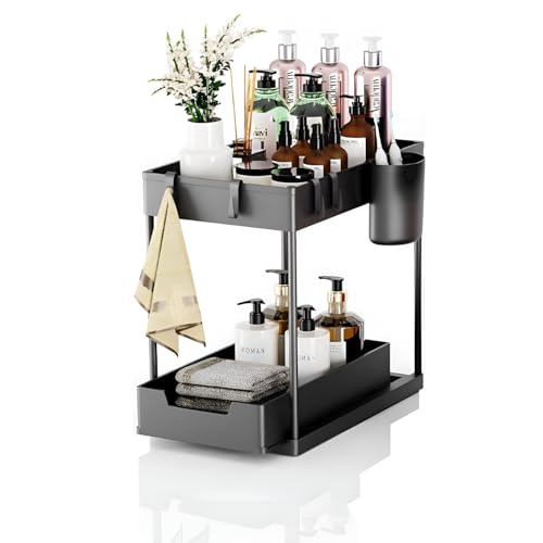 SONANI LIFESTYLE Under Sink Organizer Pack of 1 – 2 Tier Under Sink Storage Organizer with Sliding Drawer – Bathroom & Kitchen Cabinet Organizer Shelf Baskets – Rustproof, Storage Baskets (Black)