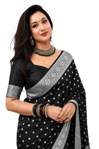 Image of Women's Glory Banarasi Satin Silk Saree with Rich Gold Silver Zari Floral Embroidery | Kanjivaram Style | Traditional Wedding & Festive sadi with Contrast Border