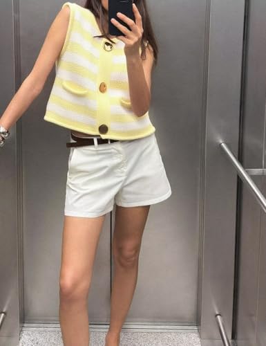 Womens Striped Cropped Sweater Vest Knitted Vests Top Button Down Crew Neck Sleeveless Cardigans with Pockets3