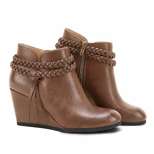 Image of Fashare Womens Wedge Ankle Boots Braided Fringe Strap Western Heeled Fall Booties Dress Shoes