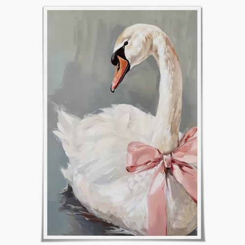Image of FOTN Dreamy Swan With A Pink Bow Print Poster Canvas Wall Art Trendy Vintage Bedroom Room Home Wall Poster Aesthetic for Bathroom Living Room Office Wall Decor12x18inch Unframed