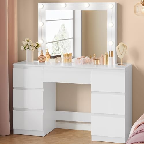 WOLTU Coiffeuse avec Miroir LED à Luminosité Réglable, Table de Maquillage avec 7 Tiroirs, Grand Espace de Rangement, Meuble Coiffeuse Moderne pour Chambre, 107 x 40...