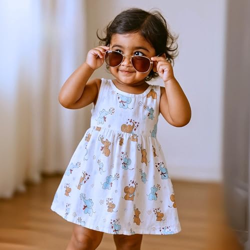 Image of The Boo Boo Club Girls Cotton Muslin Printed Dress | Short Sleeve Knee-Length Summer Girls Frock | Soft Breathable