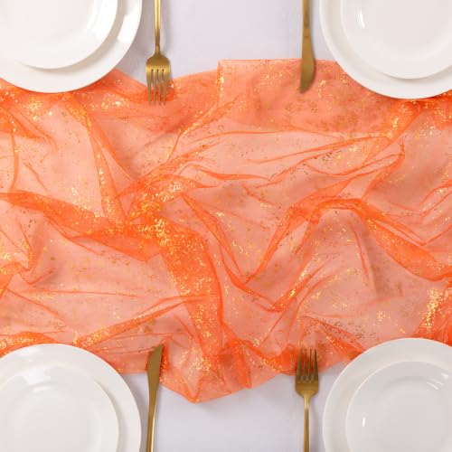 Image of Gold Glitter Table Runner Orange Sheer Gauze Foil Table Runner, 3PC