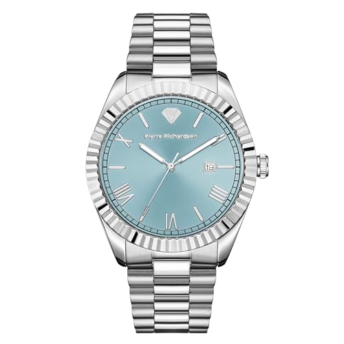 PIERRE RICHARDSON Reloj de lujo para hombre PR9841 - Reloj de cuarzo de acero inoxidable plateado, 41 mm, resistente al agua 5 ATM, cristal mineral resistente a los arañazos, elegante reloj de vestir