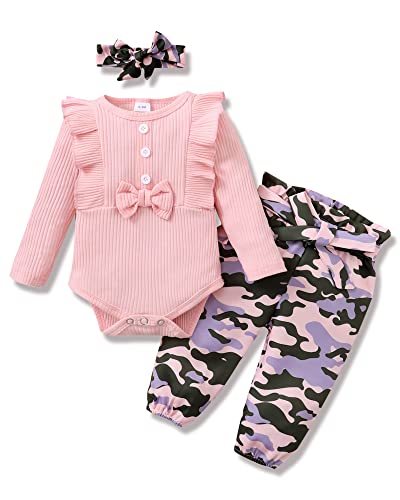 Newborn Baby Girl Clothes Infant Ruffle Romper with Cute Headband + Pants Outfits 3pcs Toddler Girls Clothe Set Pink