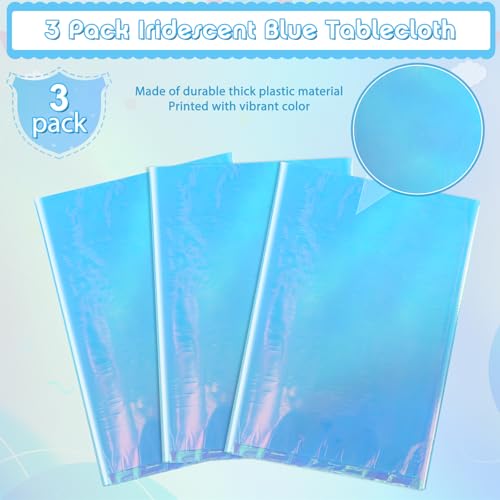 Image of 3 Pack Iridescent Blue Plastic Tablecloth, Shiny Blue Disposable Laser Rectangle Table Covers, Blue Holographic Foil Tablecloth Party Decorations for Birthday Bridal Wedding Christmas, 40 x 108 Inch