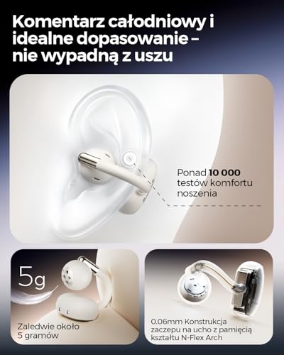 SOUNDPEATS Clip1 Bezprzewodowe Słuchawki z Klipsem Otwartym, Dźwięk Dolby Audio Hi-Res LDAC, Bluetooth 5.4, AI ENC Redukcja Szumów, IPX5, Szybkie Ładowanie i Aplikacja Beżowy