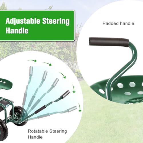 kinbor Garden Scooter - Garden Seat with Wheels, Rolling Gardening Cart with Seat, Metal Garden Wagon Cart with Swivel Seat and Handle - Thumbnail 3