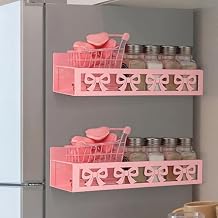Beeveer 2 Pack Cute Bow Magnetic Spice Rack for Refrigerator Metal Magnet Basket Shelf for Fridge Seasoning Storage Organizers Home Decor Kitchen Accessories Pink
