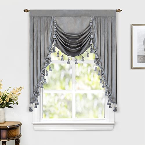 Driftaway Velvet Waterfall Draped Curtain Valance For Living Room Boho Super Soft Home Decoration With Handmade Tassels For Kitchen Single Window Drape For Bedroom W39Xl48 Inches Silver Gray #TOP24