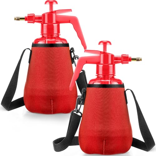 Image of Teenyyou 2 Pcs 1.5 Liter Misters Spray Pump Bottle with Full Neoprene Jacket and Built in Carrying Strap Garden Plant Mister Spray Bottle for Spring Personal Cooling Plants Watering (Red)