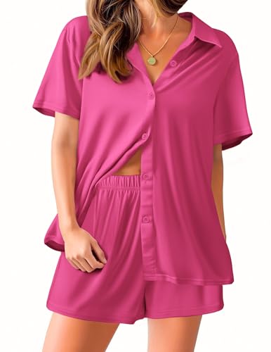 Image of Ekouaer Pajama for Women Set Short Sleeve Button Down Pajamas Sets Soft Lounge Sets for Women Sleepwear PJS