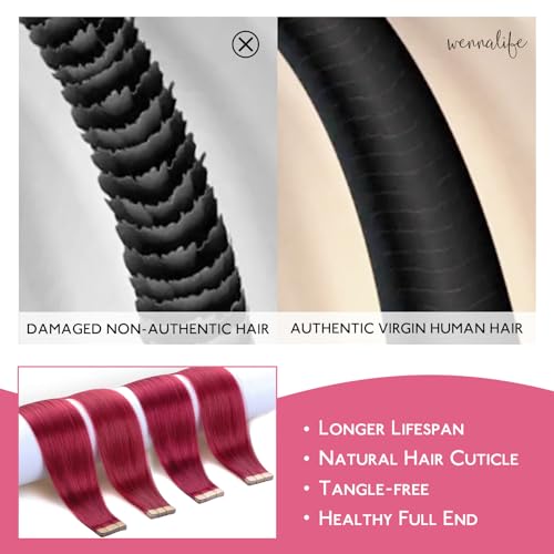 Image of Wennalife Burgundy Red Tape in Hair Extensions, 10pcs 25g 18 inch Remy Invisible Tape Ins Straight Colored Soft Real Human Hair Tape in Extensions Refill Set Extensions