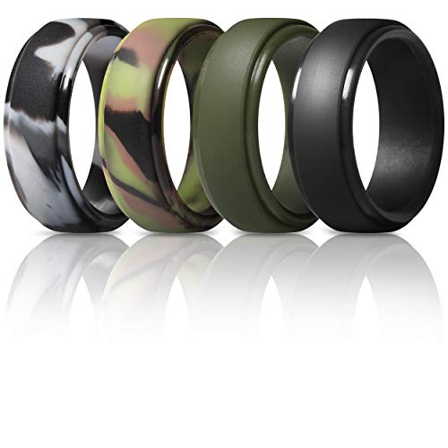 ThunderFit Men's Silicone Ring, Step Edge Rubber Wedding Band, 10mm Wide, 2.5mm Thick (Black, Grey Camo, Dark Green, Green Camo, 8.5-9 (18.9mm))