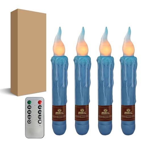 Image of Dark Blue Flameless Short Taper Candles, Real Wax Hand Dipped LED Battery Operated with Remote, Flickering Flame Lights for Festival Party Home Decor, 6.7 Inch Primitive Flameless Candles, 4PCS