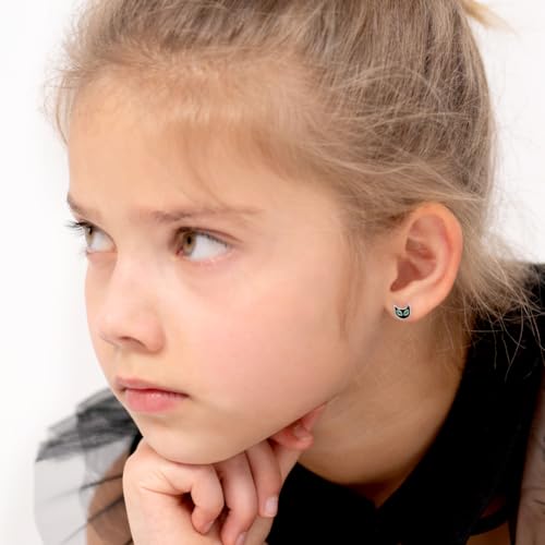 925 Sterling Silver Black Enamel Cat and Moon Halloween Safety Screw Back Earrings For Little Girls - Children's Halloween Screw Back Earrings - Black Cat Earrings For Children2