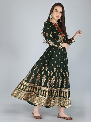 Image of Aj Art Anarkali Kurti for Women and Girls Floral Golden Print Regular Slim Fit Rayon Blue (Set of 1)